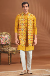 Yellow Silk Patola Printed Jacket Kurta Set